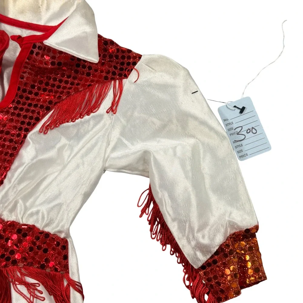 Vintage Western Dance Costume Girls White Red Sequin Fringe Performance Dress